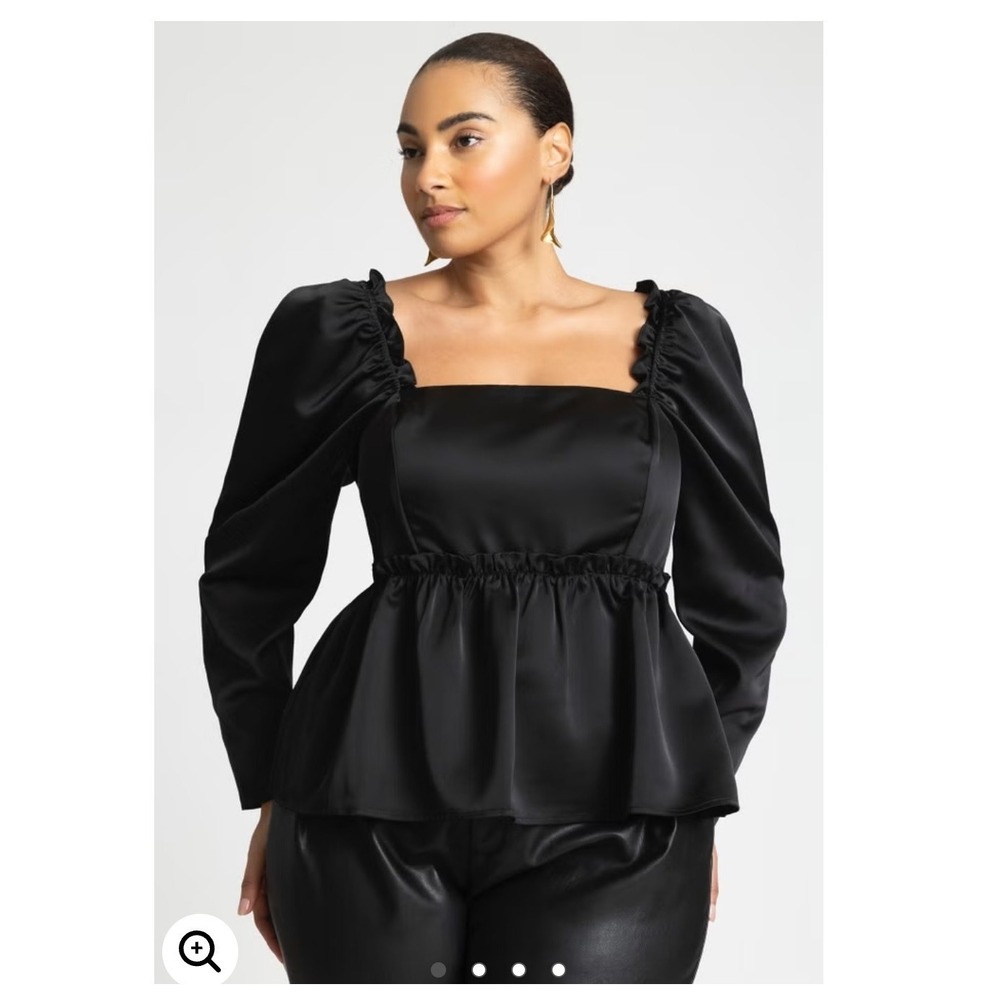 Eloquii Black Satin Ruffle Long Sleeve Off The Shoulder Peplin Top Sz 14